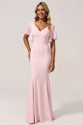 Meerjungfrau Chiffon V-Ausschnitt Rosa Brautjungfernkleid